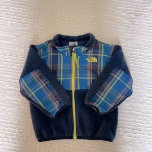 EUC North Face Fleece Navy with lime green zipper and plaid design 18-24 mo